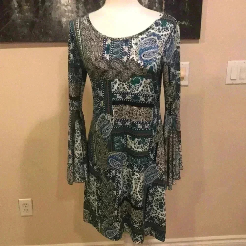 Haani Paisley Design Boho Style Dress with Extra Large Bell Sleeves-S
